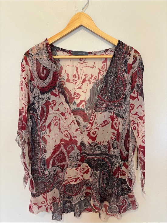 remanika Tops - remanika Sheer Paisley V-Neck Blouse in Cream and Burgundy